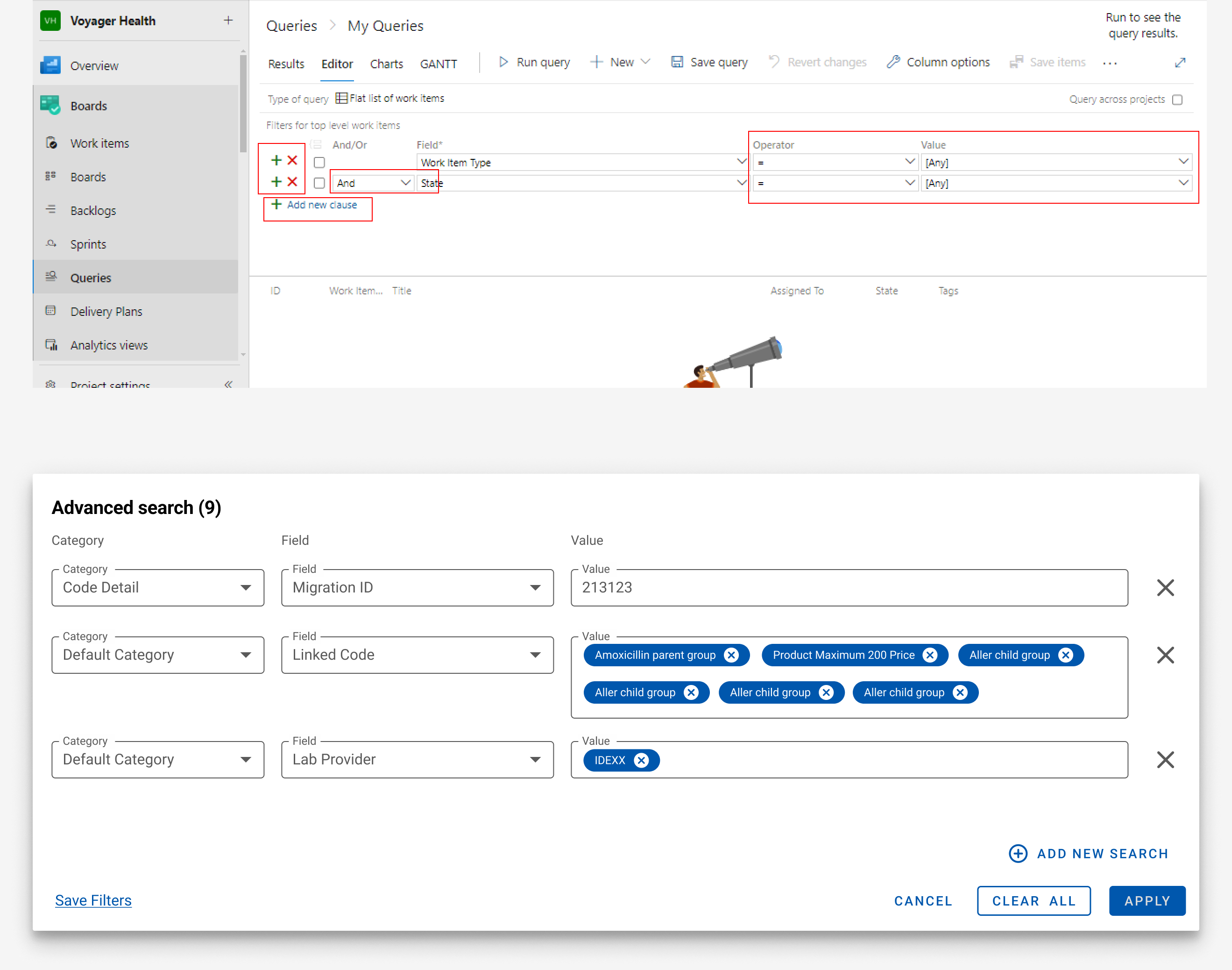 Before and after: Azure DevOps-style query builder versus redesigned Advanced Search