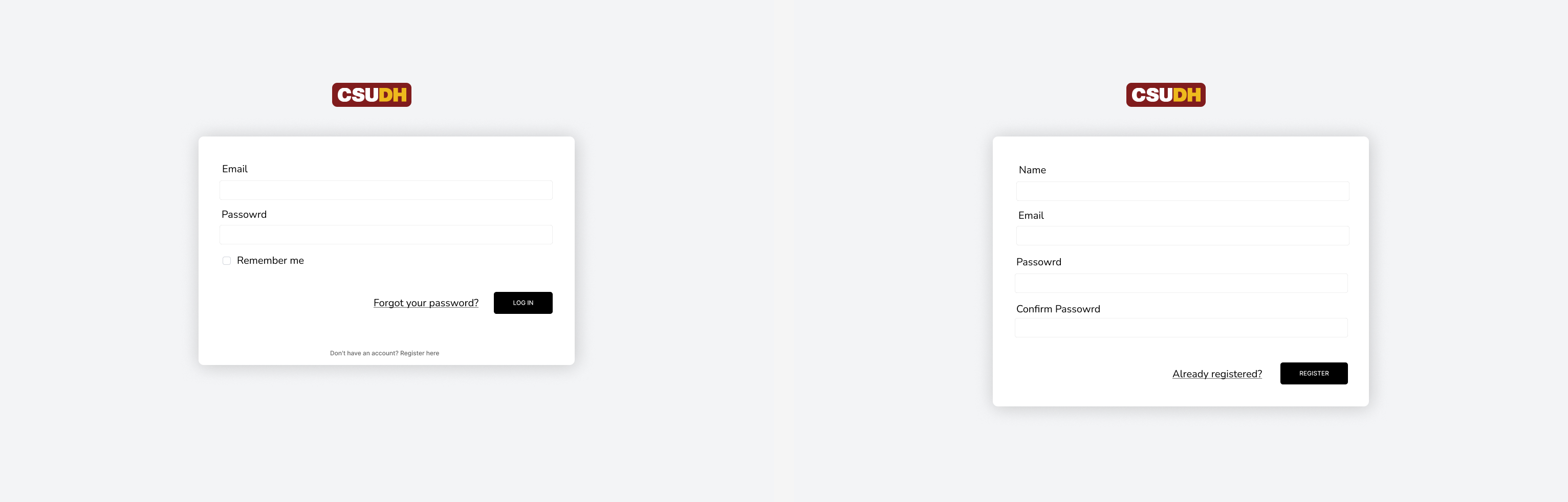 Authentication screens showing login and create-account centered-card layouts