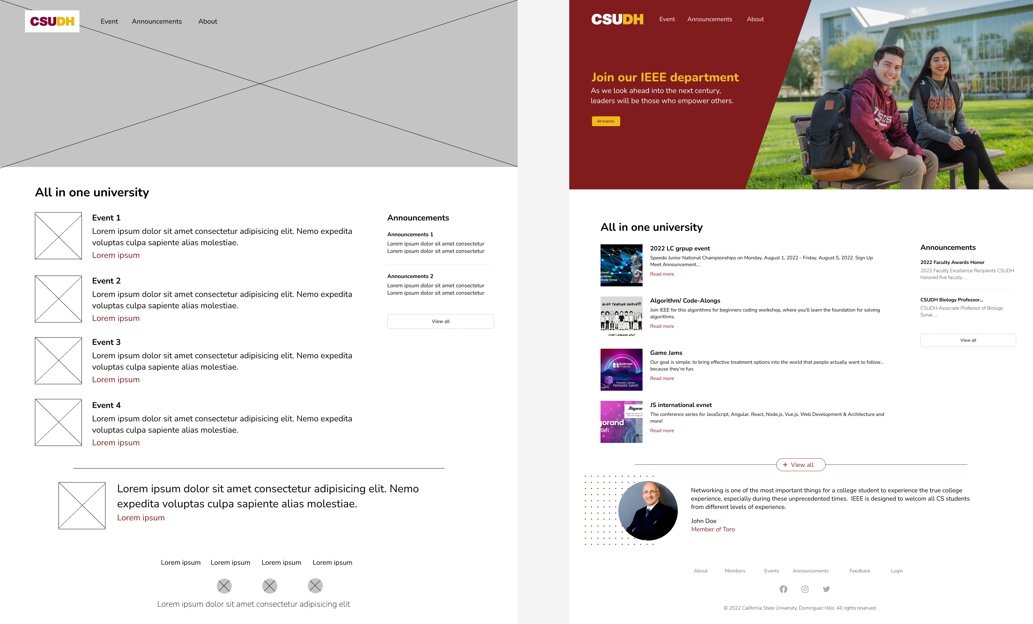Side-by-side low-fidelity wireframe and high-fidelity CSUDH IEEE homepage after usability testing